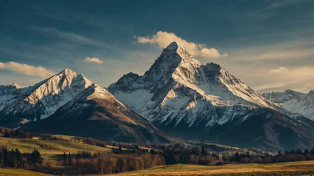 Panoramic view of snow capped mountain peaks.の写真素材