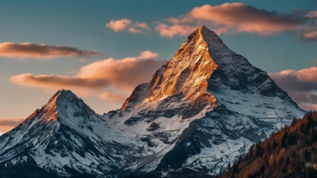 Panoramic view of the Matterhorn peak at sunset, Zermatt, Switzerlandの写真素材