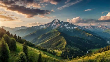 Panoramic view of the mountains at sunset. Beautiful summer landscape.の写真素材