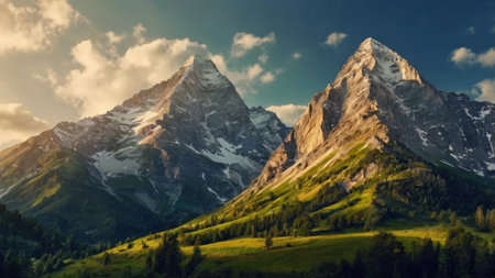 Mountain landscape with snow-capped peaks in the Alps.の写真素材