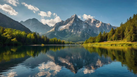 Panoramic view of mountain lake in Dolomites, Italy