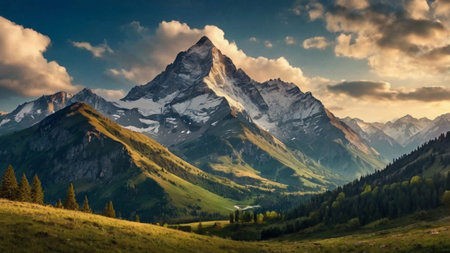Mountain panorama in the Swiss Alps at sunset, Switzerland.