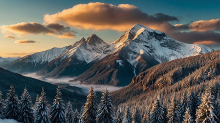 Sunset in the mountains. Beautiful winter landscape with snowy peaks.の写真素材