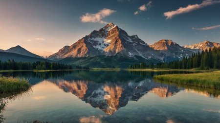 Beautiful mountain lake with reflection of the mountains in the water.の写真素材