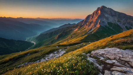 Panoramic view of the Dolomites at sunrise, Italyの写真素材