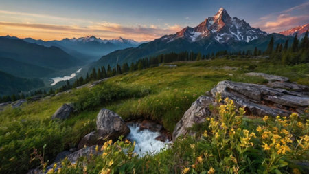 Mountain landscape at sunset. Panoramic view of the mountains and the river.