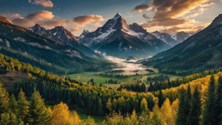 Panoramic view of the Swiss Alps at sunrise, Switzerland.の写真素材