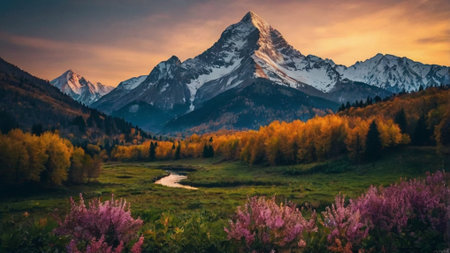 Beautiful panorama of alpine meadow with blooming flowers and snow-capped mountains at sunset