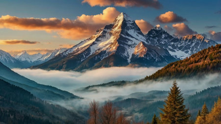 Panoramic view of the snowy peaks of the mountains at sunset.の写真素材