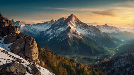 Panoramic view of the Alps at sunriseの写真素材