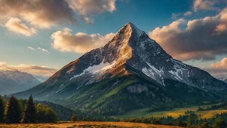 Beautiful alpine landscape with snow-capped mountain peaks at sunset.