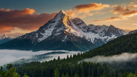 Mountain landscape with fog in the valley at sunrise, Zermatt, Switzerlandの写真素材