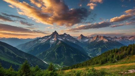 Panoramic view of the Alps at sunset, Switzerland
