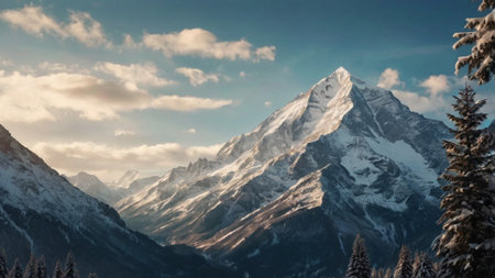 Winter mountains panorama with snow covered peaks and coniferous forest