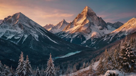 Beautiful winter landscape in the mountains. Snow-capped mountains.の写真素材