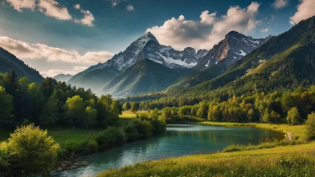 Panoramic view of idyllic alpine lake and mountains in the background.