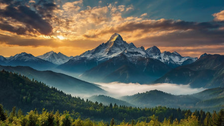 Panoramic view of the mountains in the mist at sunset.の写真素材