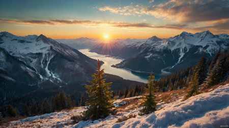 Beautiful winter landscape in the mountains. Sunrise over the lake.の写真素材