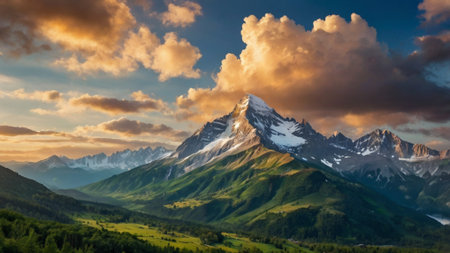 Mountain landscape at sunset. Panoramic view of the Alps mountains.