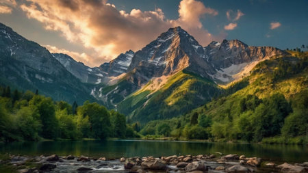 Mountain lake in the mountains at sunset. Beautiful natural landscape.