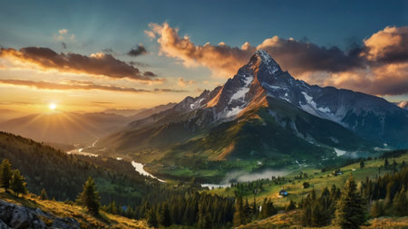 Panoramic view of Matterhorn at sunrise, Zermatt, Switzerlandの写真素材