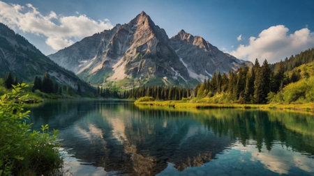 Panoramic view on mountain lake with reflection in the water.の写真素材