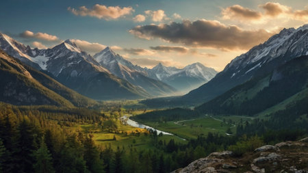 Panoramic view of the river and the mountains in the cloudsの写真素材