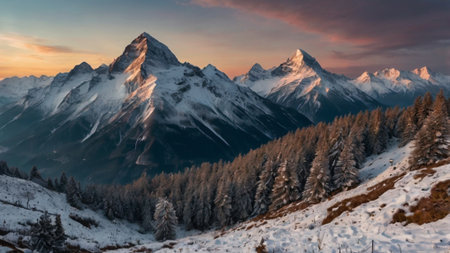 Panoramic view of the snowy mountains at sunset.の写真素材