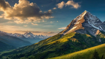Panoramic view of Mount Matterhorn at sunset, Zermatt, Switzerlandの写真素材