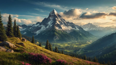 Panoramic view of a mountain in the morningの写真素材
