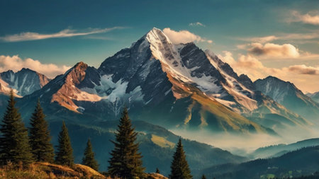 Mountain landscape at sunset. Panoramic view of the mountain range.の写真素材