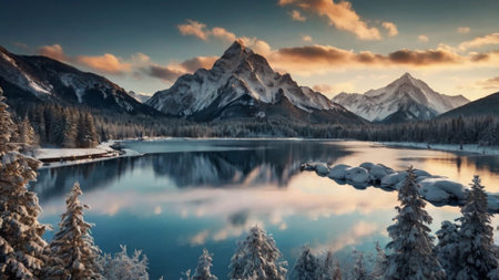Beautiful winter landscape with mountain lake and reflection in water at sunsetの写真素材