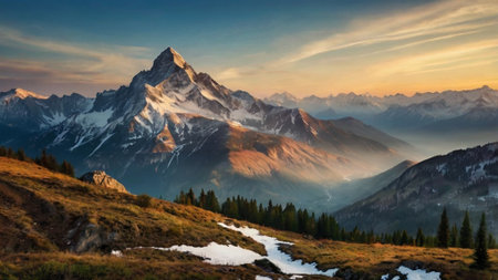 Panoramic view of the mountain range in the Alps at sunset