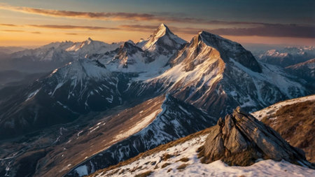 Mountain landscape at sunrise. View from the top of the mountain.