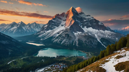 Matterhorn and lake at sunrise, Switzerland.
