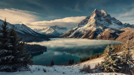 Beautiful winter panorama with snow-capped mountains and lake