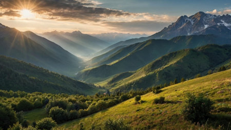 Panoramic view of the Caucasus mountains at sunset, Georgia.