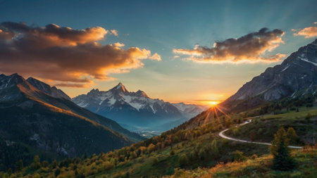 Sunset in the mountains. Panoramic view of the Alps.の写真素材