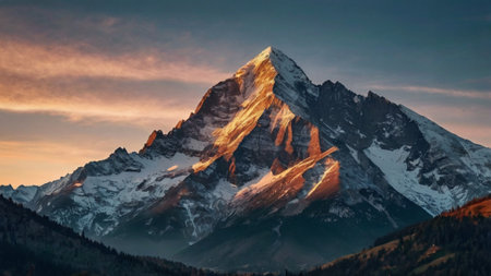 Matterhorn mountain peak at sunset, Zermatt, Switzerlandの写真素材