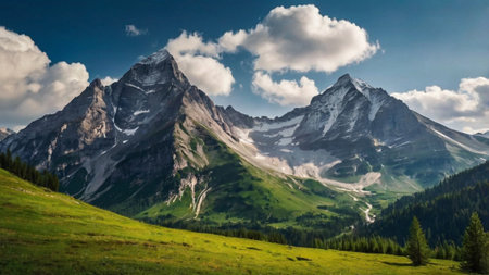 Panoramic view of mountains in summerの写真素材