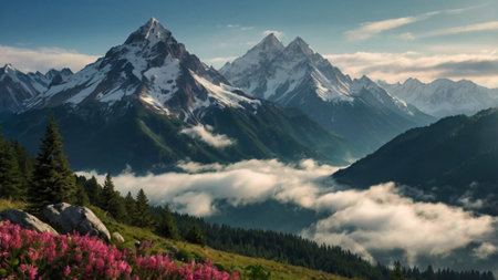 Panoramic view of mount Matterhorn in clouds, Zermatt, Switzerlandの写真素材
