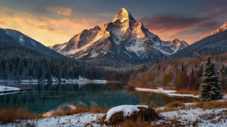 Matterhorn mountain and lake in winter, Switzerland