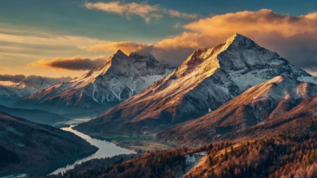 Mountain landscape with lake and snowcapped peaks at sunset.の写真素材
