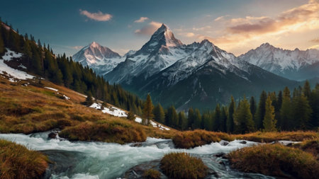 Panoramic view of mountain peaks at sunrise, Switzerlandの写真素材