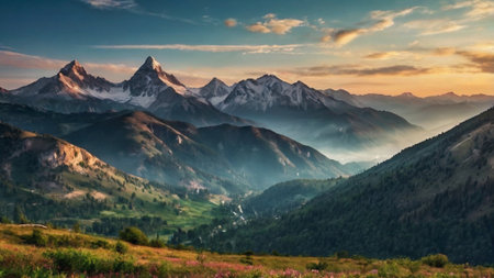 Panoramic view of the mountains at sunset.の写真素材