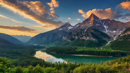 Beautiful mountain lake in the mountains at sunset. Panorama.の写真素材