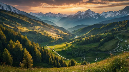 Panoramic view of idyllic alpine valley at sunset. Alps, Switzerland
