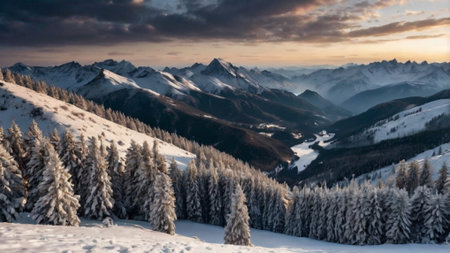 Beautiful winter landscape with snow covered fir trees in mountains at sunsetの写真素材