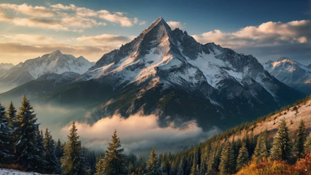 Mountain landscape with snow covered peaks in the clouds at sunrise.の写真素材