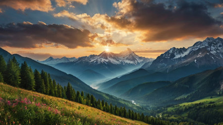 Mountain landscape at sunset. Panoramic view of the Caucasus mountainsの写真素材